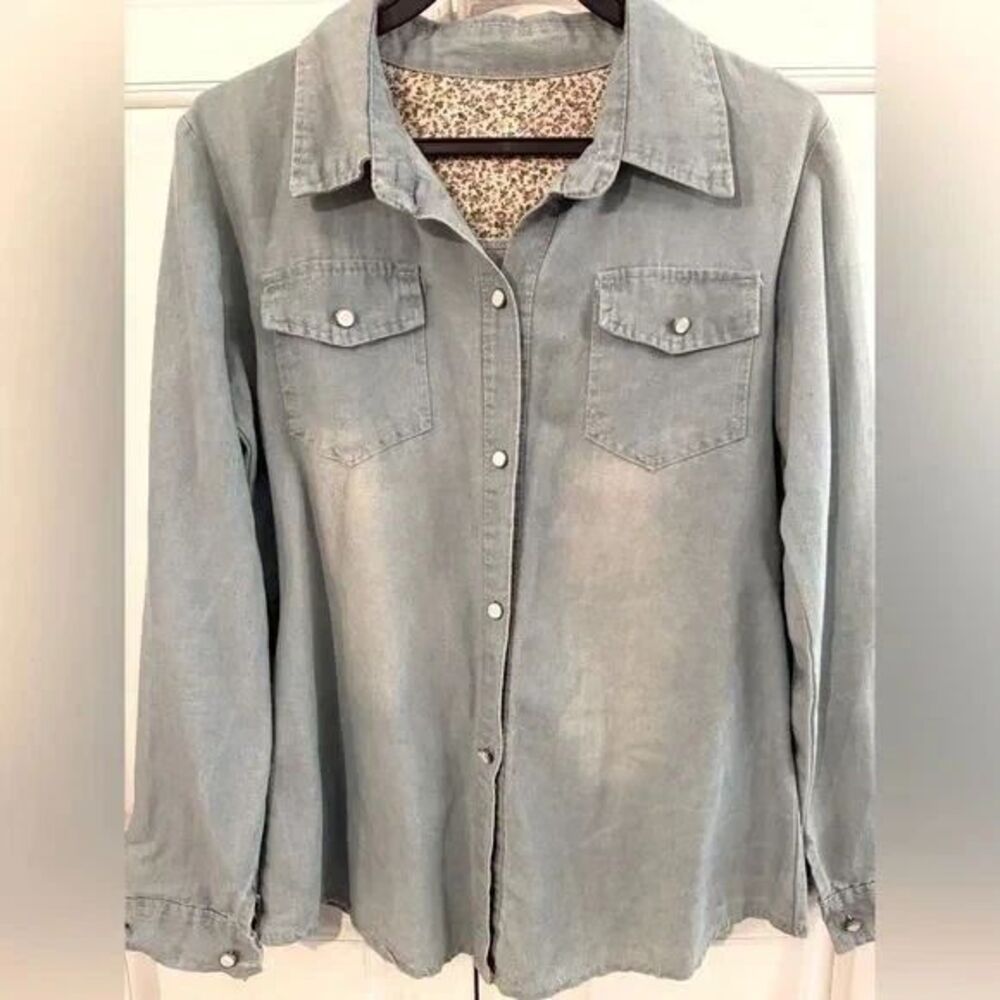Light blue denim button-up shirt